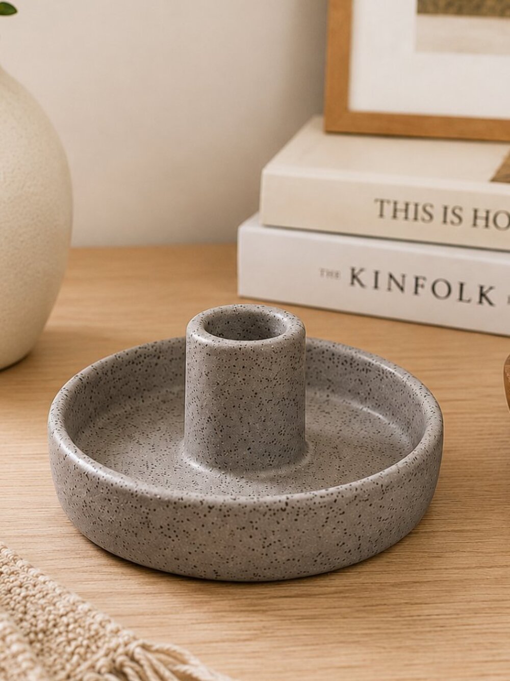 Smith & Hawken Gray Speckled Ceramic Candle Holder Modern Minimalist 5"
